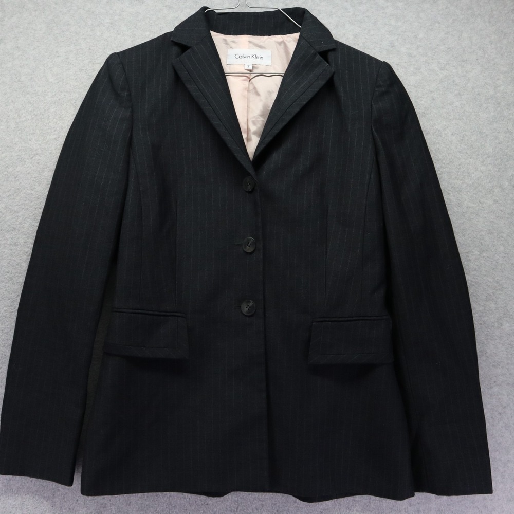 Calvin Klein Blazer Womens 2 3-Button Suit Jacket Coat Business Black Striped - Picture 1 of 10